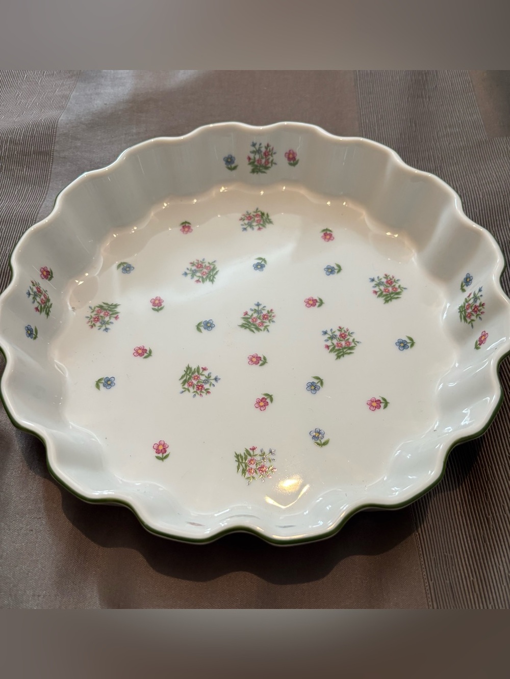Floral Scalloped Ceramic Pie or Quiche Dish - White with Pink & Blue Flowers